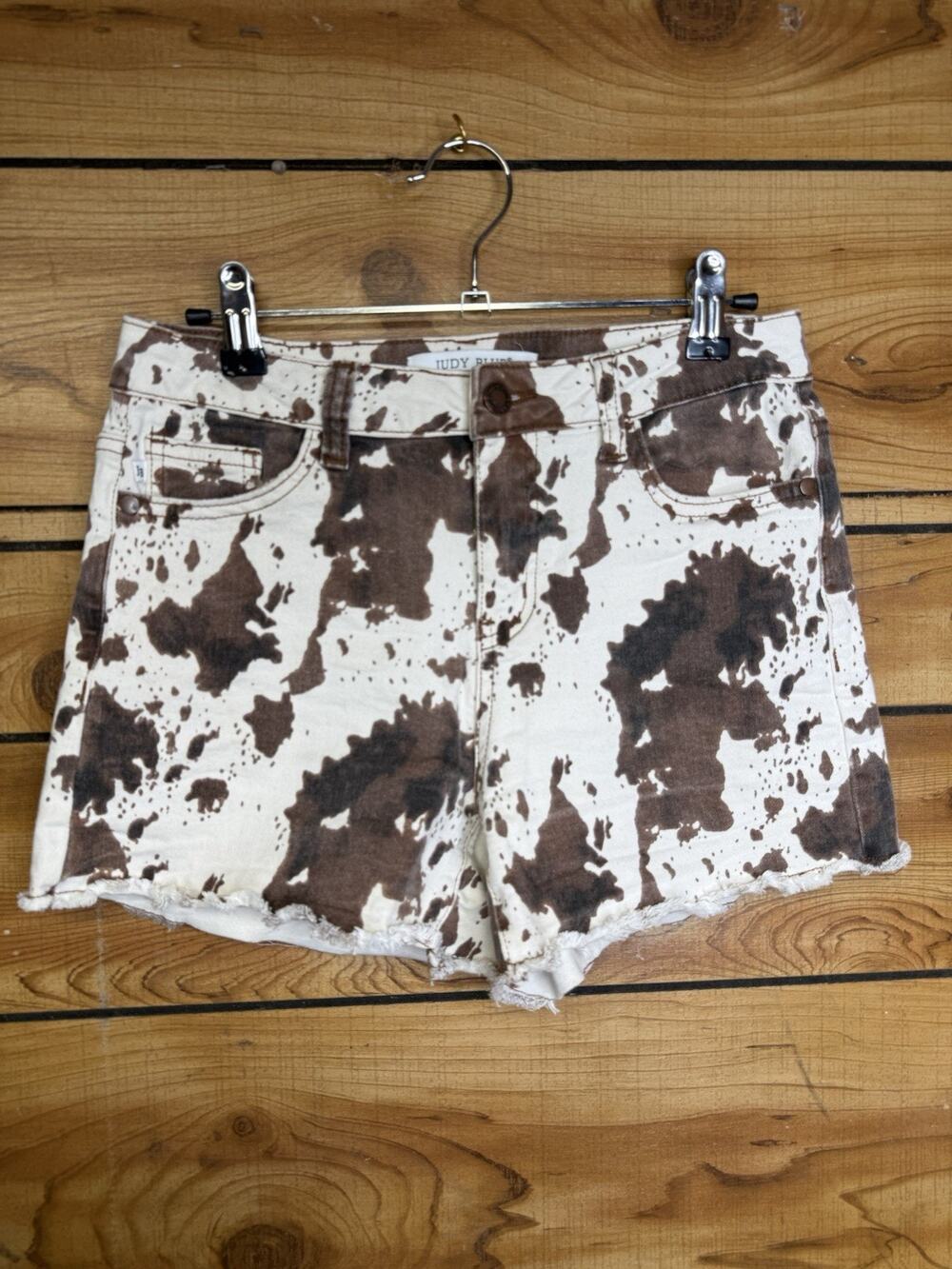 Judy Blue Women's High-Rise Shorts with Cow Print and Raw Hem Small Stretchy